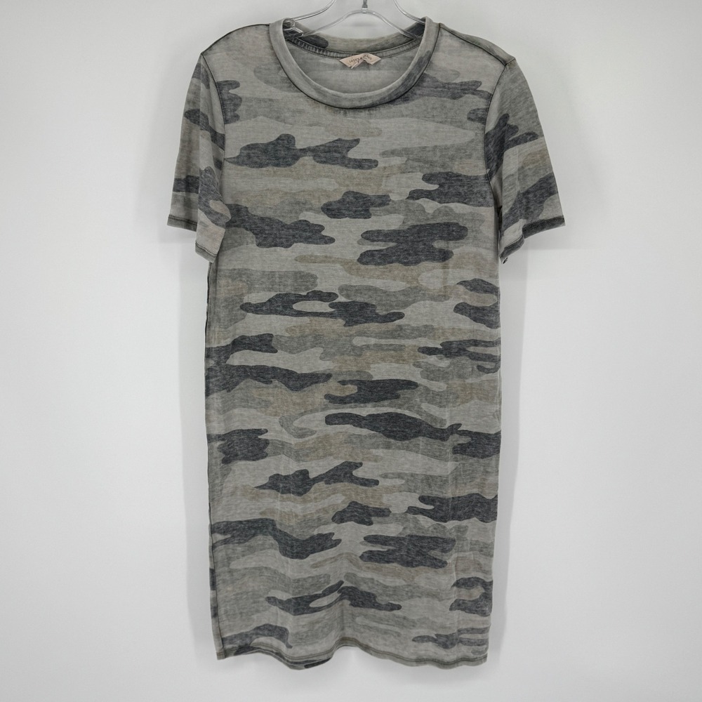 Lucky Brand Women's XS Burnout Camo T-Shirt Dress Gray Green Short Sleeve Casual